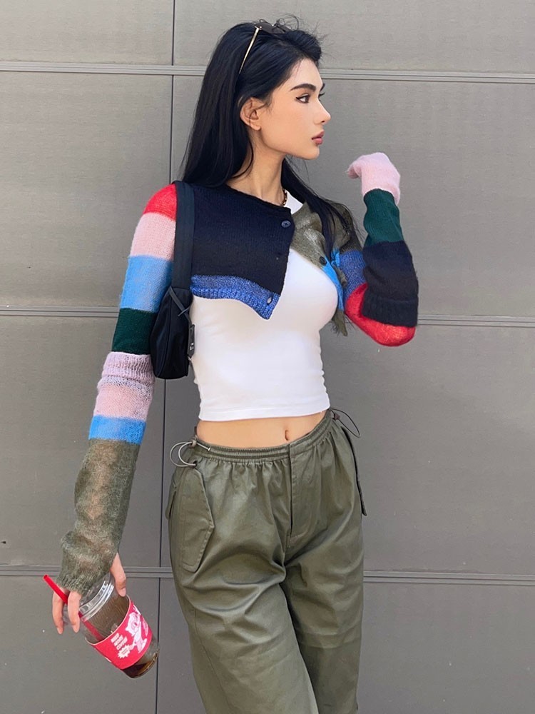 Women s Knits Tees Yedinas Streetwear Patchwork Crop Top Cardigan Long Sleeve Knitted Smock Cropped Sweater Y2k Korean Style Kardigan 220829