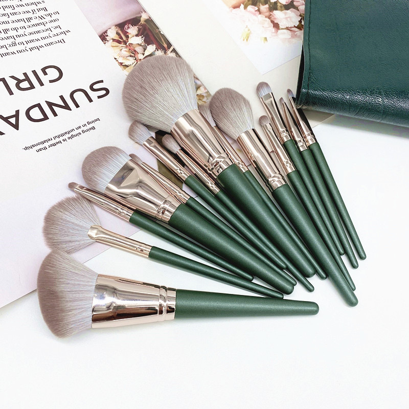 Green Makeup Brush Set Full Face Cosmetic Brushes with Storage PU Bag Beginner Make up Brush