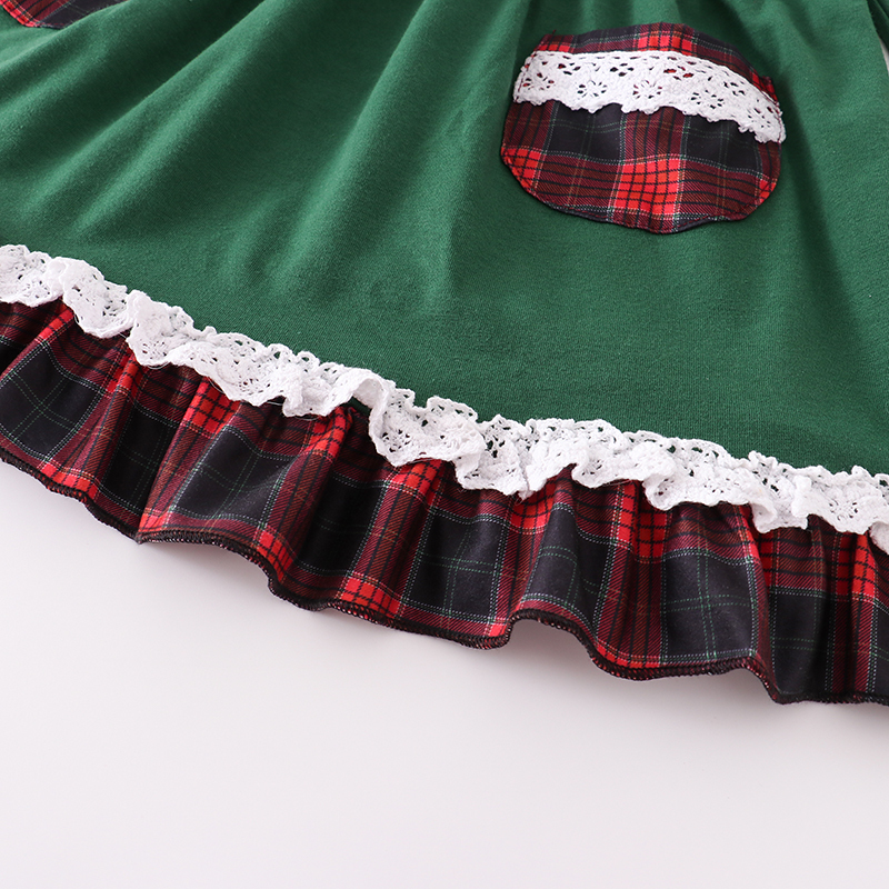 Occasions spéciales Girlymax Noël Bébés Filles Enfants Vêtements Lait Soie Coton Plaid Vert Poche Volants Robe Genou Longueur À Manches Longues 220830