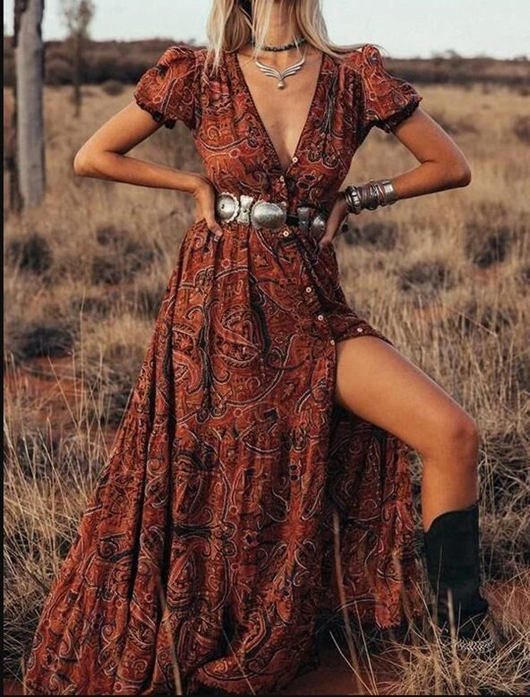 الفساتين غير الرسمية Teelynn Boho Long Dress Vintage Ploral Print Chiffon Three Quice Sleeve Vneck Summer Gypsy Hippie Women Vestidos 220830