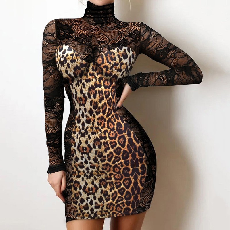 Casual Dresses Mesh Transparent Sexy Black Women Shiny Print Turtleneck l￥ng￤rmad BodyCon Evening Party Mini Vestidos 220830