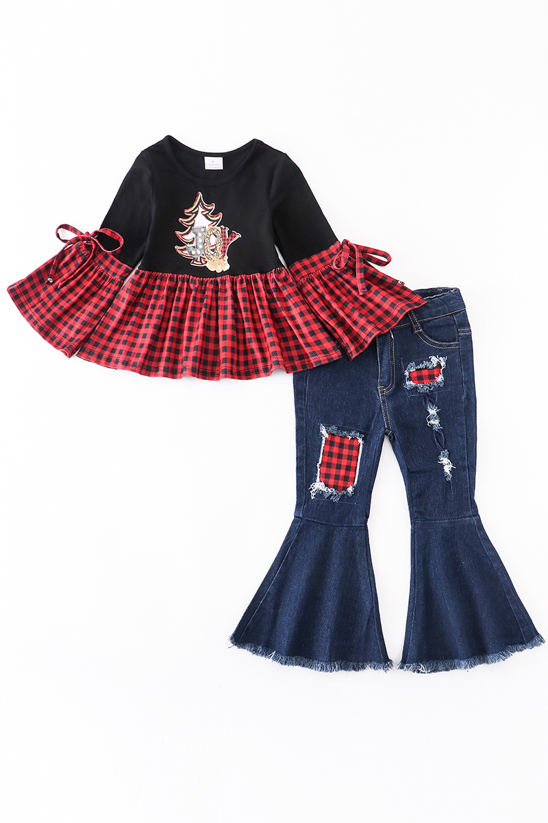 Occasions spéciales Girlymax 3 Couleur Sapin de Noël Père Noël Bébés Filles Léopard Plaid Flare Top Ruffle Denim Jeans Bell-bottoms Pantalon Ensemble Enfants Vêtements 220830