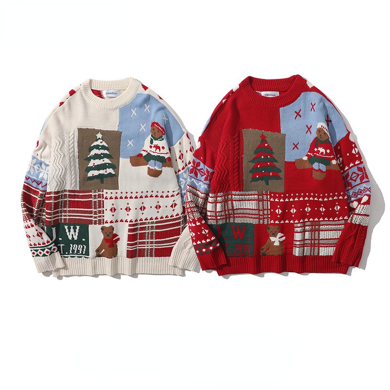 Suéteres para hombres YlSHioo Invierno Cálido Jersey Navidad Cuello redondo Punto Pareja Hip Hop Casual Patchwork de gran tamaño 220830