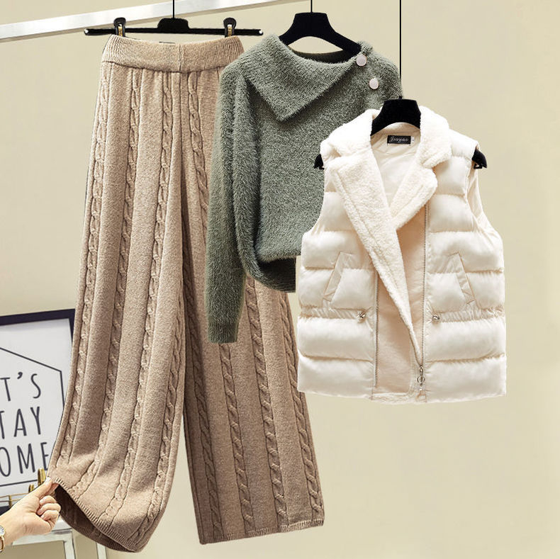 Women's Two Piece Pants Plus Size Winter Warm Women Pullover Sweater Wide Leg Lamb Wool Vest Knitted Suit Tracksuit Clothes 220830