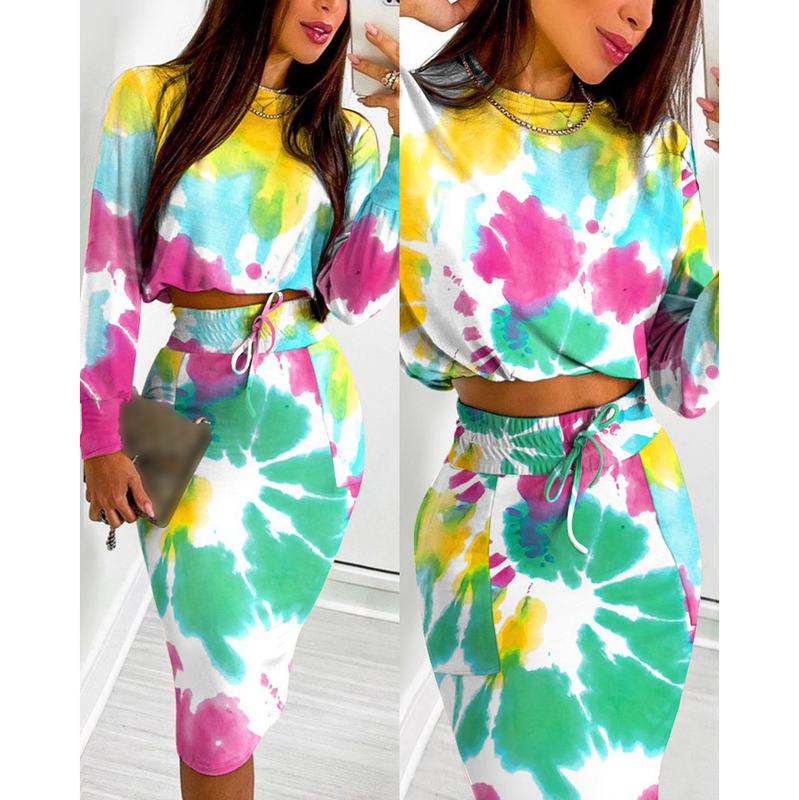 Two Piece Dress Sexy Crop Long Sleeve Pink Bodycon Sets Women Autumn Print Cropped Feminino Set Skirt Suits 220830