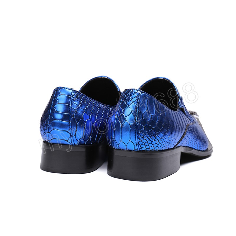 Bleu hommes en cuir véritable chaussures en métal bout pointu fête Club chaussures habillées mode homme d'affaires chaussure grande taille