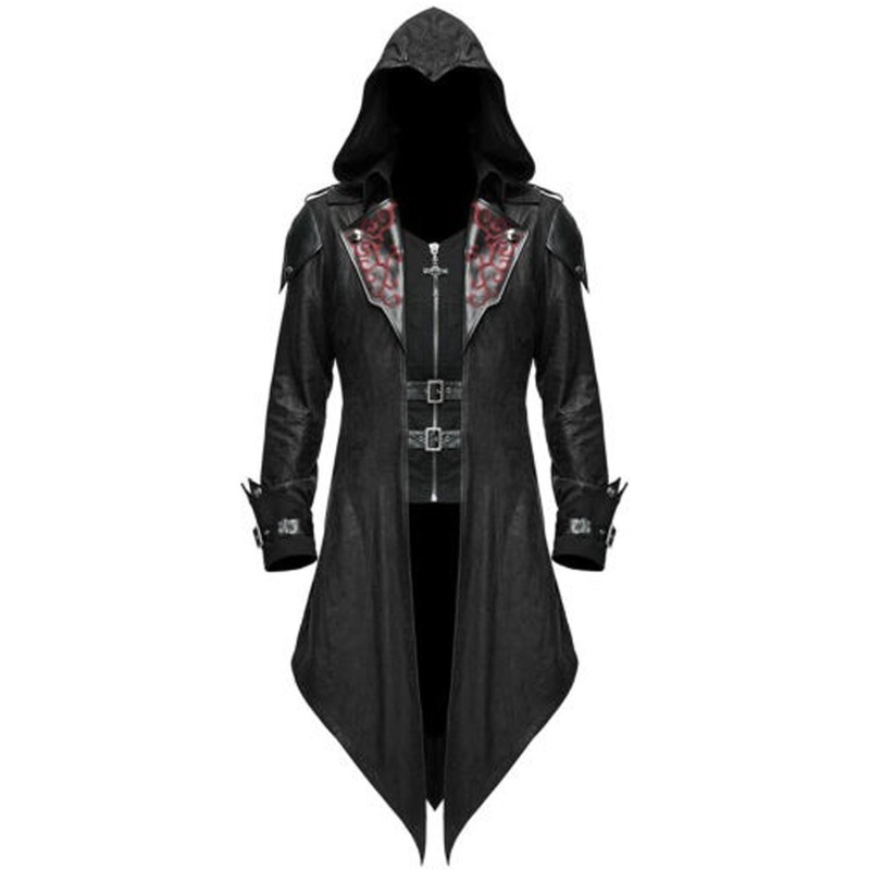 Trench codes codes masculins veste haineuse médiévale costume gothique steampunk noire rétro à manches longues à capuche à sweat à capuche hivernal de pardessue hivernale 220829