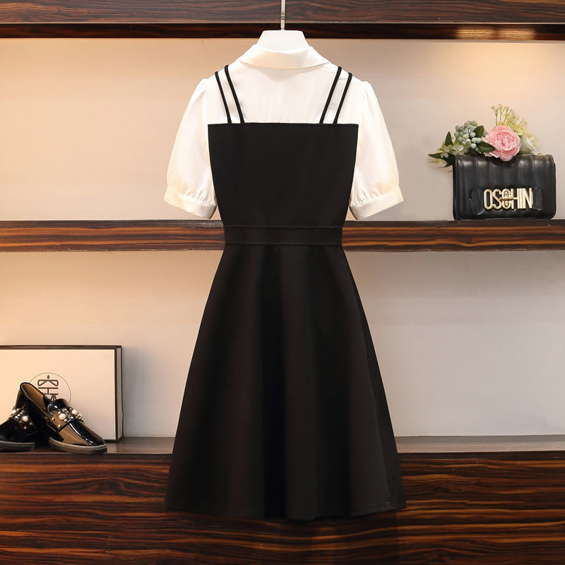 Casual Dresses Summer Women's Mini Dress Korean Fashion Patchwork Puff Sleeve Polo Collar Black A-Line Dresses Preppy Style Clothing 0830