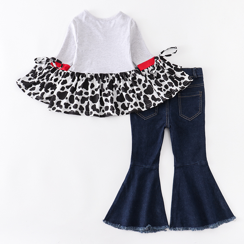 Occasions spéciales Girlymax 3 Couleur Sapin de Noël Père Noël Bébés Filles Léopard Plaid Flare Top Ruffle Denim Jeans Bell-bottoms Pantalon Ensemble Enfants Vêtements 220830