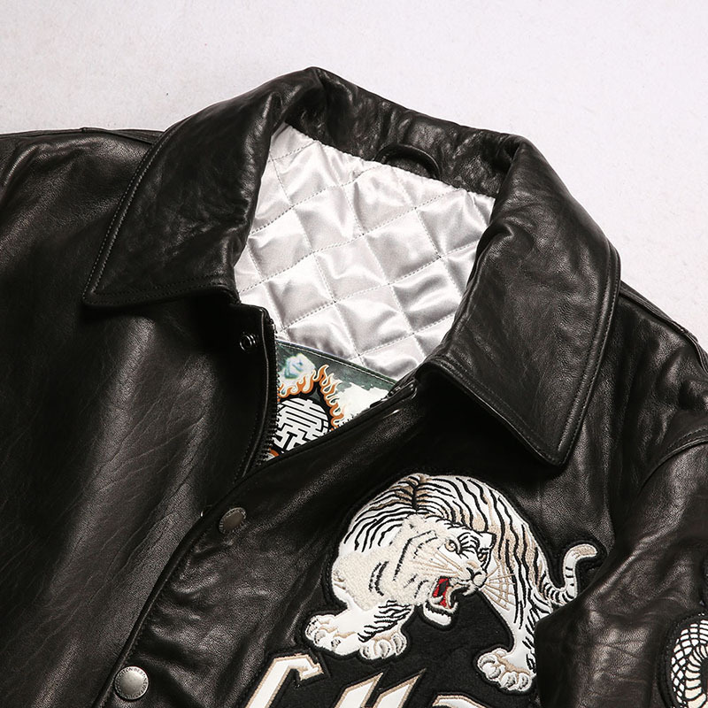 CH3 Men's Bomber Jackets Bubble skin texture sheep Leather Chinese classical twin dragon black with the white-tiger embroidery