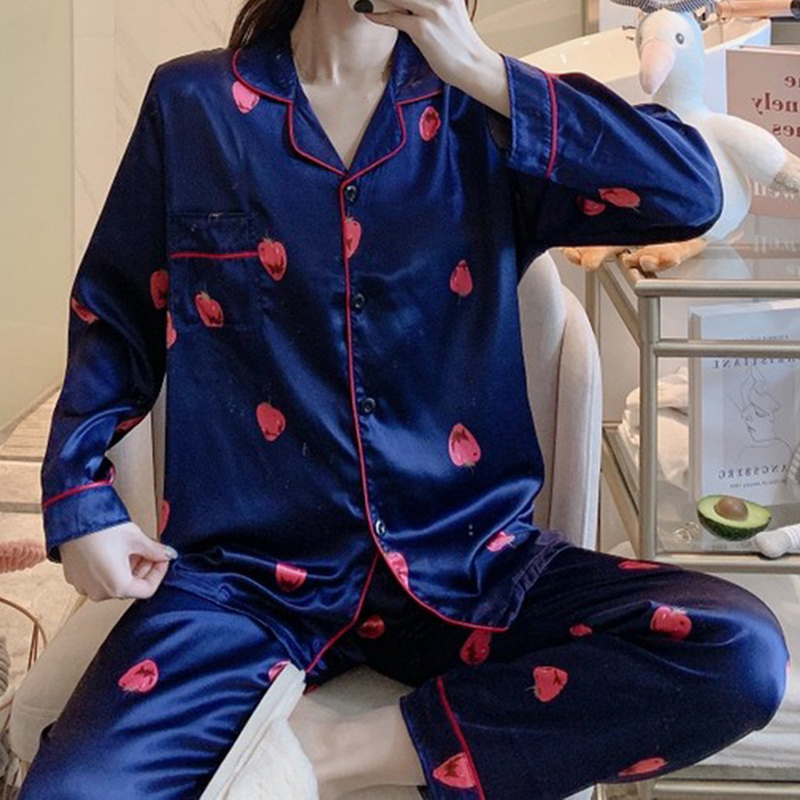 Kvinnors sömnkläder Satin Silk Pyjamas Set för pyjamasdräkt Utskrift Långärmad avslappnad nattkläder Mjuka hemkläder PJs plus storlek 220830