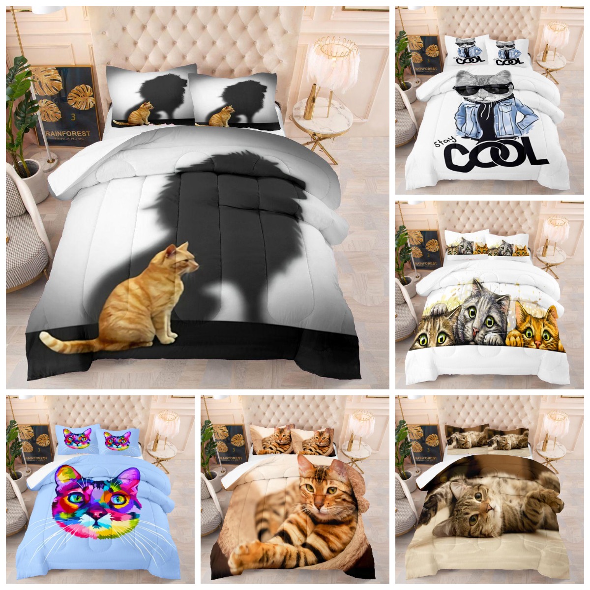 3D Comforters Set Pet Cats Series Polyester Super Soft Breattable Warm Four Seasons Quilts Vuxna barn Universal Twin Full Queen King Feather Velvet D￤cke Set