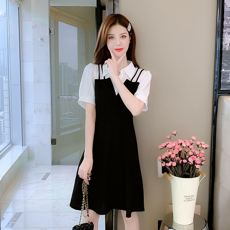 Casual Dresses Summer Women's Mini Dress Korean Fashion Patchwork Puff Sleeve Polo Collar Black A-Line Dresses Preppy Style Clothing 0830