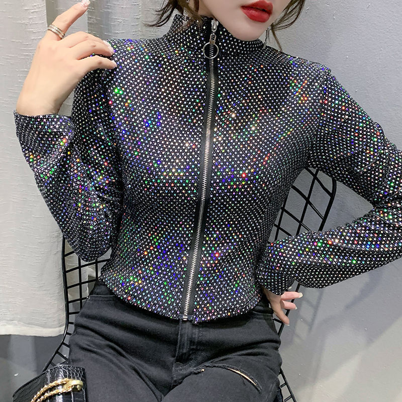 Jackets femininos Autumn Women Glitter lantejoulas curta moda feminina Design de manga longa Sense Sexy Bottoming Shirt 221007