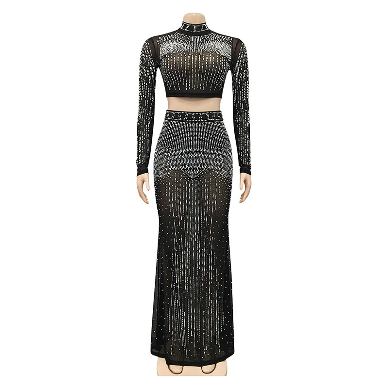 Two Piece Dress Kricesseen Sexy Mesh Drilling See Through Skirt Set Women Crystal Long Sleeve Top And Maxi Suits Clubwear Outfits 220830