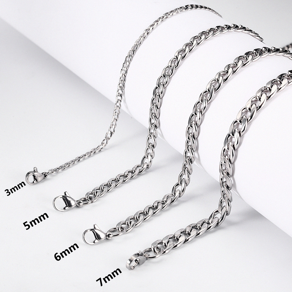 3mm 5mm 6mm 7mm Silver Cuban Chains Halsband Rostfritt stål hummerklasspar som gör högkvalitativ pläterad halsband för kvinnor män VE292P