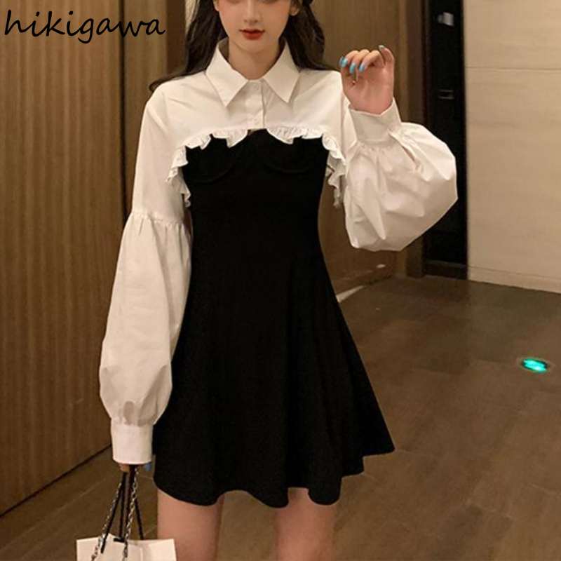 Vestido de dos piezas Hikigawa Conjuntos de ropa para mujer Camisas sueltas cortas con manga farol y traje de mujer de moda coreana sólido negro 220830