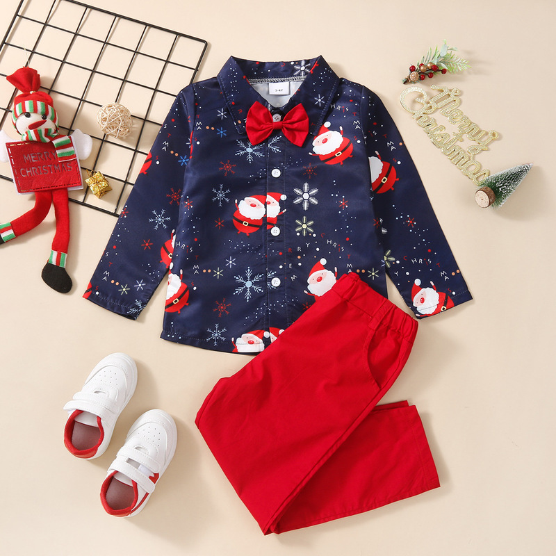 Besondere Anlässe Prowow Kinderkleidung Junge Weihnachtsoutfits für Gentleman Hemd Rote Hose Kleinkind Set 2023 Kinderkostüm 220830