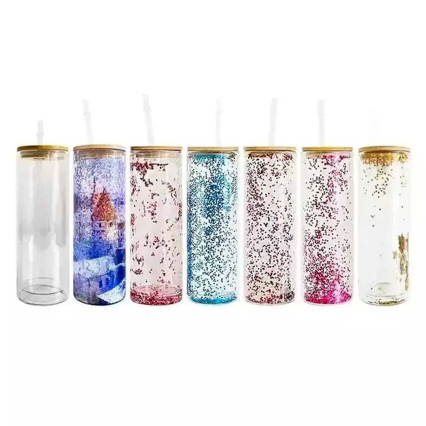 20 on￧as de copos retos pr￩-perfurados Globo de neve Glitter Glitter Double Wall Glass Canecas para impress￣o de sublima￧￣o 826