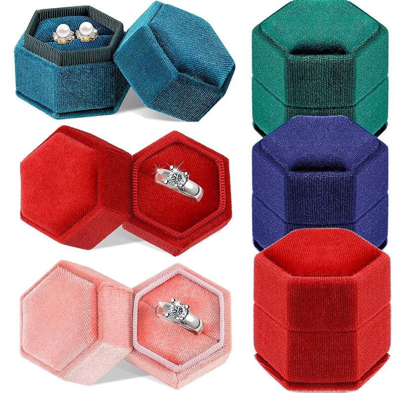 Hexagon Velvet Ring Box Bo￮tes de bijoux Disposez le support avec couvercle d￩tachable pour l'engagement de mariage