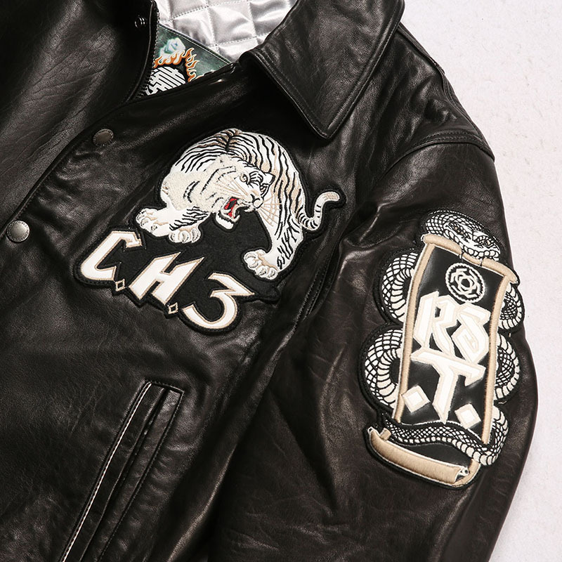 CH3 Men's Bomber Jackets Bubble skin texture sheep Leather Chinese classical twin dragon black with the white-tiger embroidery