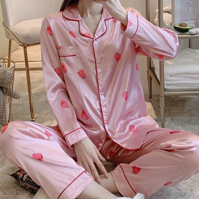 Kvinnors sömnkläder Satin Silk Pyjamas Set för pyjamasdräkt Utskrift Långärmad avslappnad nattkläder Mjuka hemkläder PJs plus storlek 220830