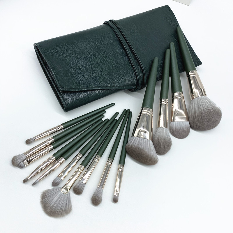 14 -stcs groene make -up borstel set volledige gezicht cosmetische borstels met opslag pu tas beginners make -up borstel