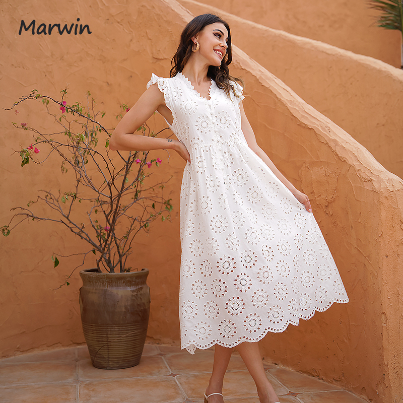 Robes Décontractées Marwin Long Simple Casual Solide Évider Pur Coton Style De Vacances Taille Haute Mode Mi-mollet Robes D'été Vestidos 220829