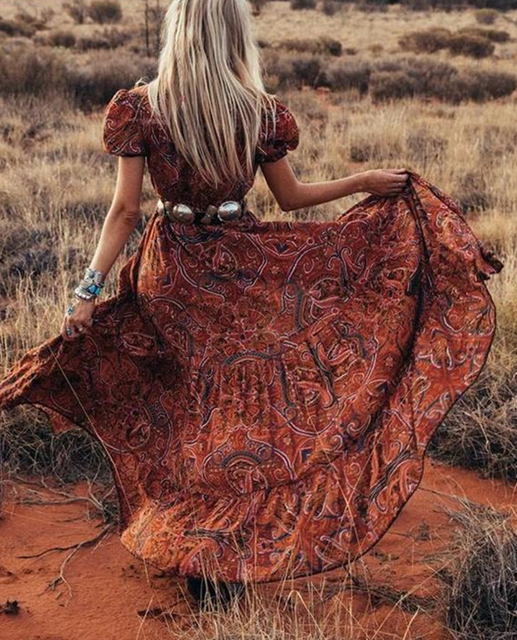 الفساتين غير الرسمية Teelynn Boho Long Dress Vintage Ploral Print Chiffon Three Quice Sleeve Vneck Summer Gypsy Hippie Women Vestidos 220830