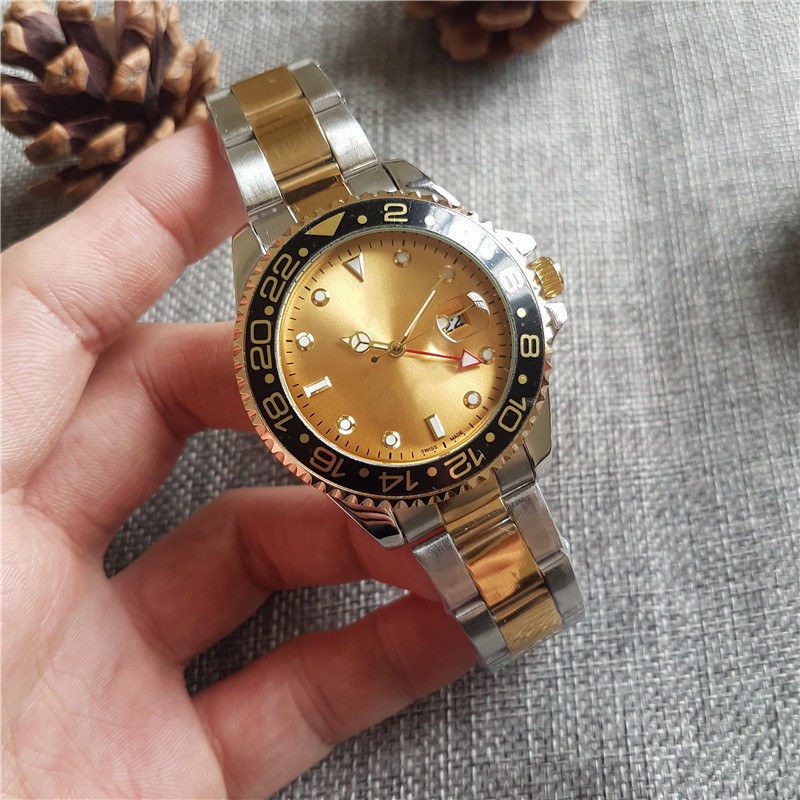 44MM 4 pines reloj relogio masculino relojes para hombre Vestido de lujo diseñador de moda Dial negro Calendario pulsera de oro Broche plegable Maestro Hombre