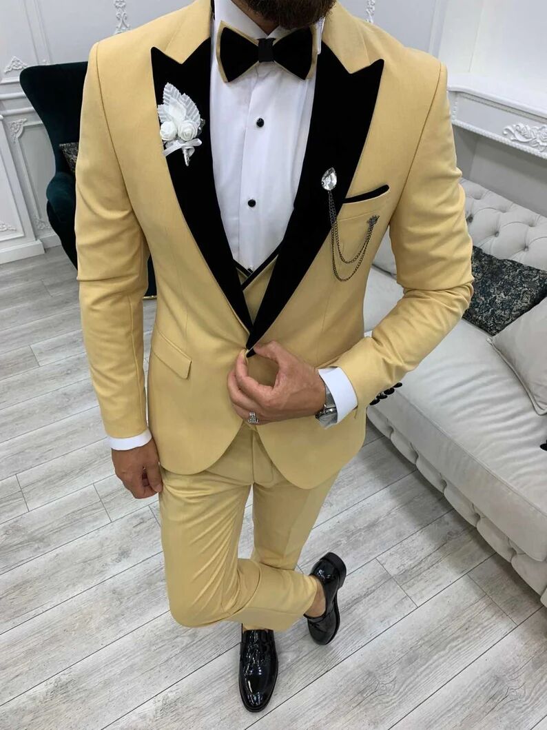 Klassisk gula brudgummen bröllop smoking 3 stycken kläder kostym homme mariage party prom blazer slitage