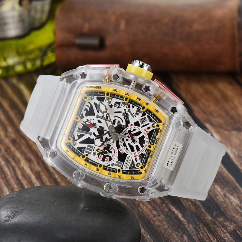 New Mens Watch Luxury Designer Sport Watches Fashion Transparent Case transparent 44 mm Chronographe Wrists Slicone Strap Quartz Men Cloc2460235