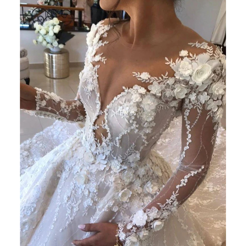 2023 Vestidos de bola de bola de bola completa de luxo ilus￣o de vestidos de noiva vestidos de noiva abertos de manga longa vestidos de noiva