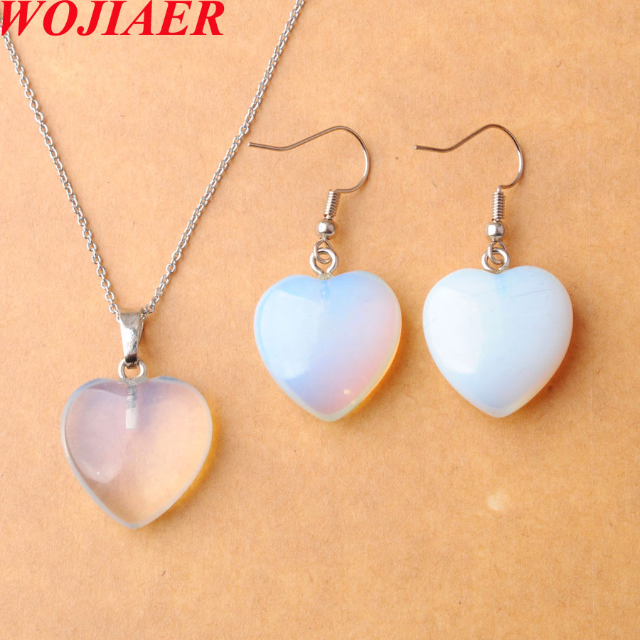 Natural Stone Necklace Jewelry Sets For Woman Opalite Heart Pendant Earrings Bridal Wedding Set O9496