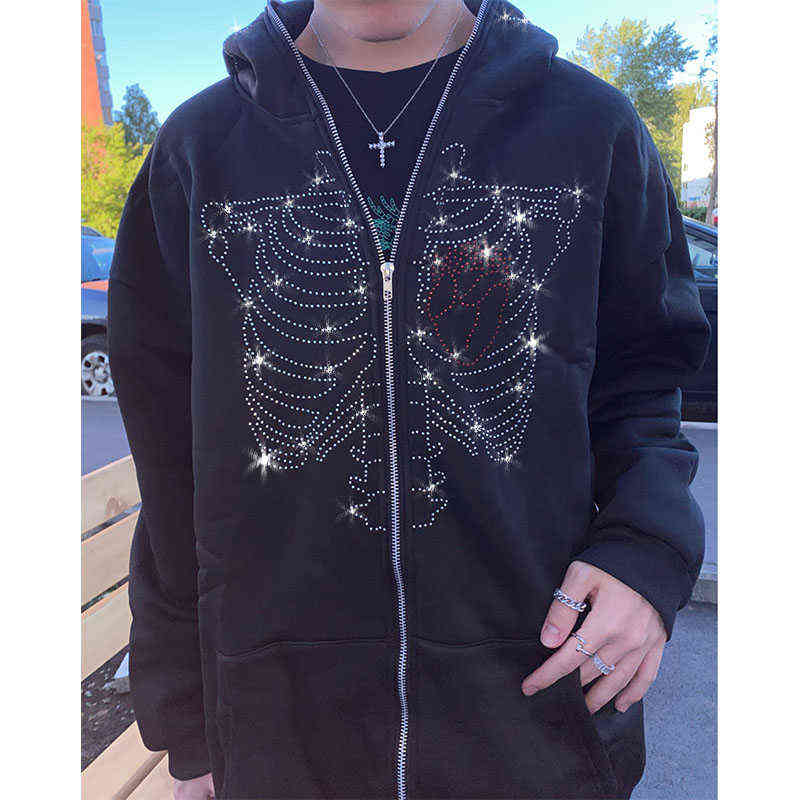 Men`s Hoodies Sweatshirts Rhinestones Spider Web Skeleton Print Black Y2k Goth Long-sleeve Full Zip Hoodies Oversized Jacket American Fashion Hot-selling 220831H