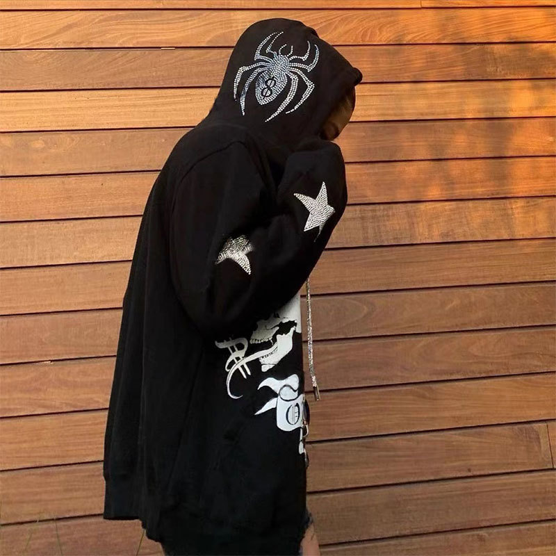 رجال الرجل هوديز منسوب راينستون راين العنكبوت الهيكل العظمي طباعة أسود y2k goth longsleeve الكامل هوديز zip cendies كبيرة الحجم الأزياء الأمريكية بيع 220831