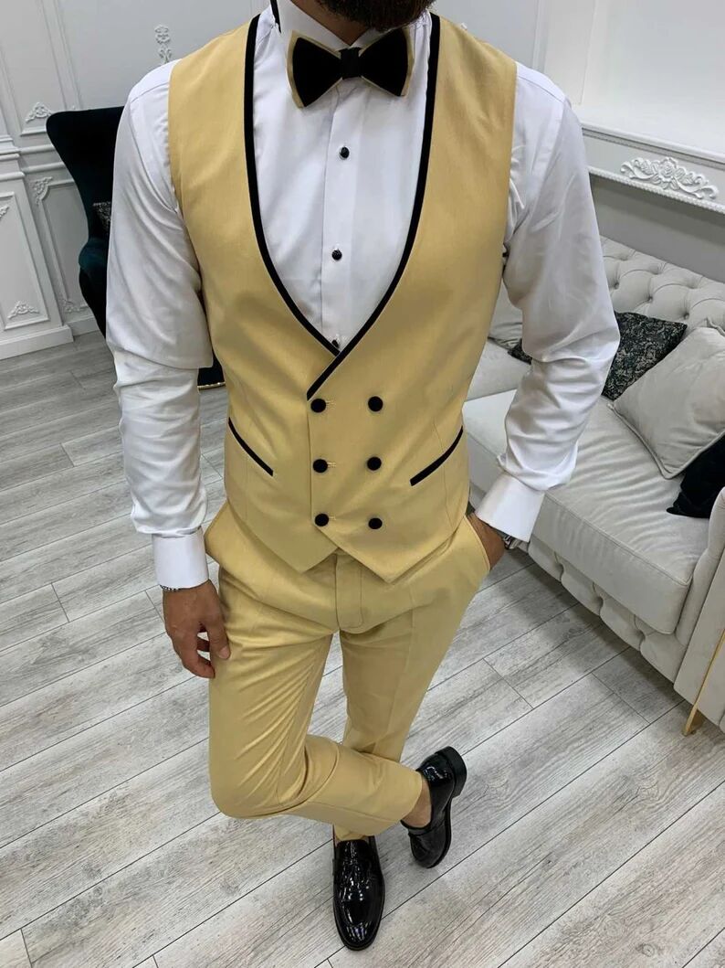 Klassisk gula brudgummen bröllop smoking 3 stycken kläder kostym homme mariage party prom blazer slitage