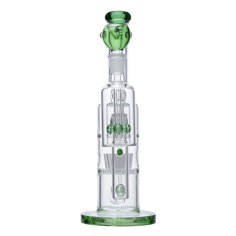 Pilz-Kreuz-Perkolator-Wasserpfeifen, Inline-Perc-Sprinkler, Glasbongs, gerader Typ, 18 mm berauschende Glaswasserpfeifen, Dab-Rigs mit Aschefänger, farbige Schüssel, grün-weiß