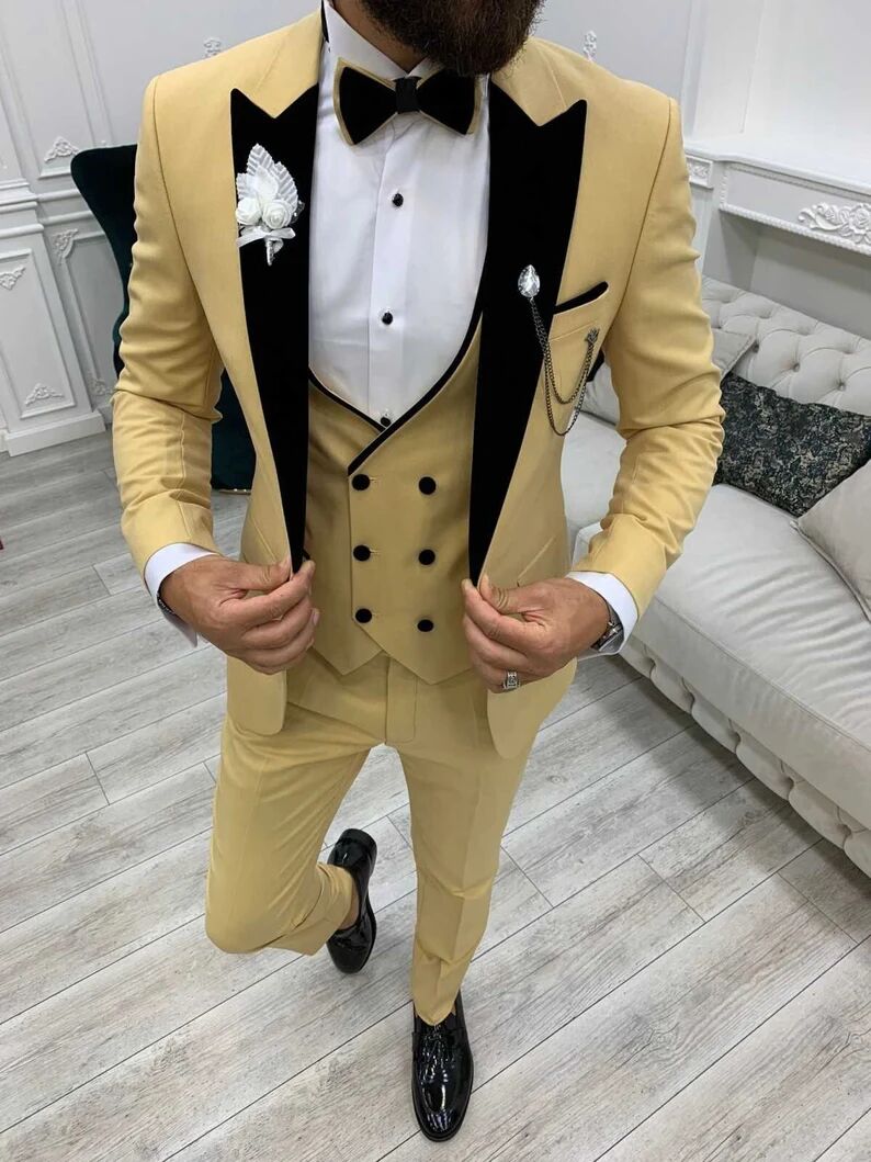 Classic Yellow Groom Men Wedding Tuxedos Outfits Costume Homme Mariage Party Prom Blazer Wear