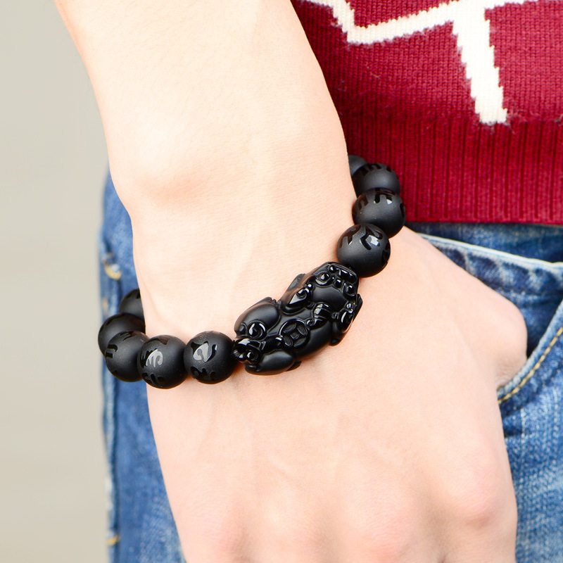 Bangle Natural Black Obsidian Matte PiXiu Beaded Charm Bracelet Brave Troops SixWord Mantra Rijkdom Pi Yao Bangle DIY Mannen Vrouwen Sieraden 220831