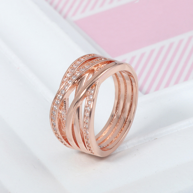 Sparkling Polished Lines Ring 925 Sterling Silver Par's Wedding Jewelry Set för Pandora Rose Gold Engagement Gift Rings med originallåda för kvinnor