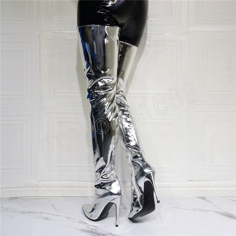 Stivali da donna con plateau Tacchi alti e sottili Stivali lunghi sopra il ginocchio Autunno Inverno Zip Scarpe casual da festa argento