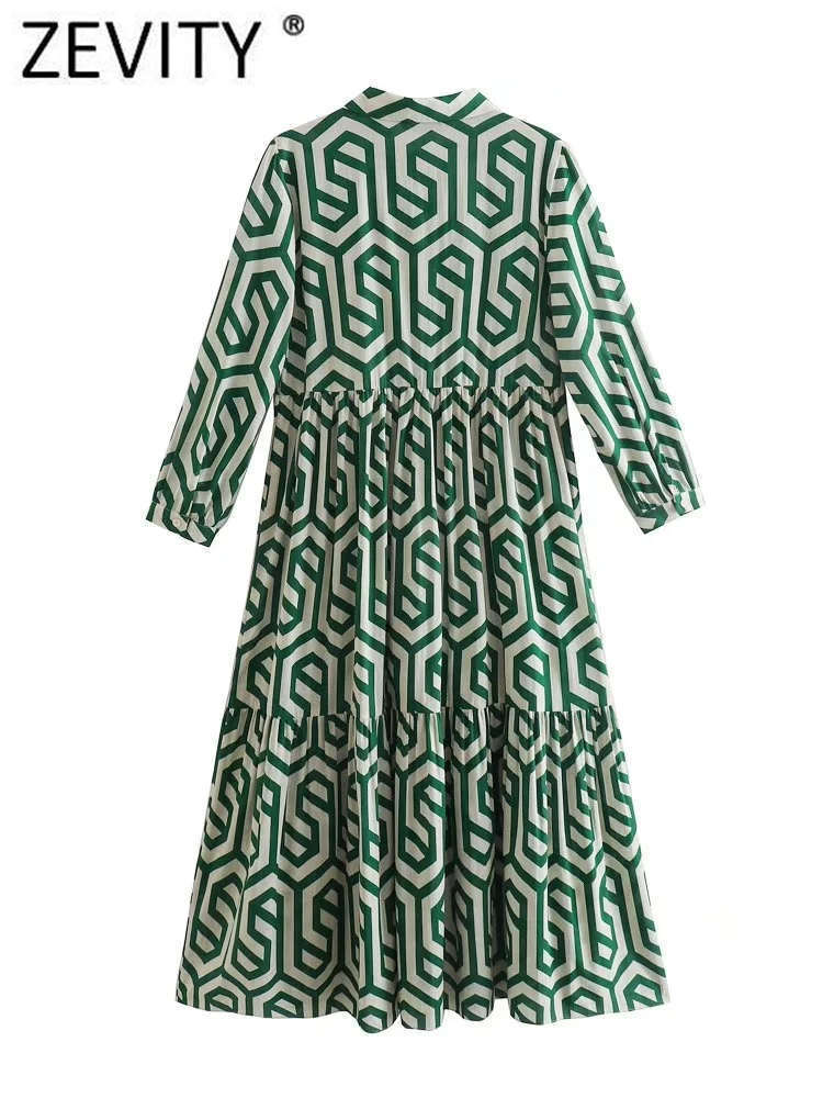 Robes décontractées Zevity Femmes Vintage Géométrique Imprimer Plis Slim Midi Chemise Robe Femme Chic Volants Une Ligne Robe DS395 220831