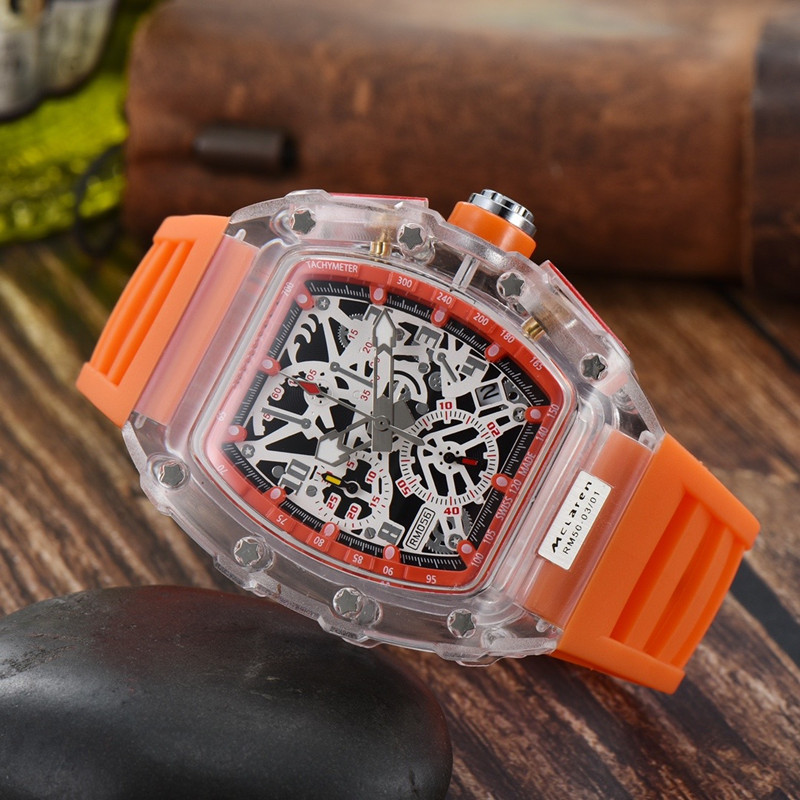 New Mens Watch Luxury Designer Sport Watches Fashion Transparent Case transparent 44 mm Chronographe Wrists Slicone Strap Quartz Men Cloc2460235