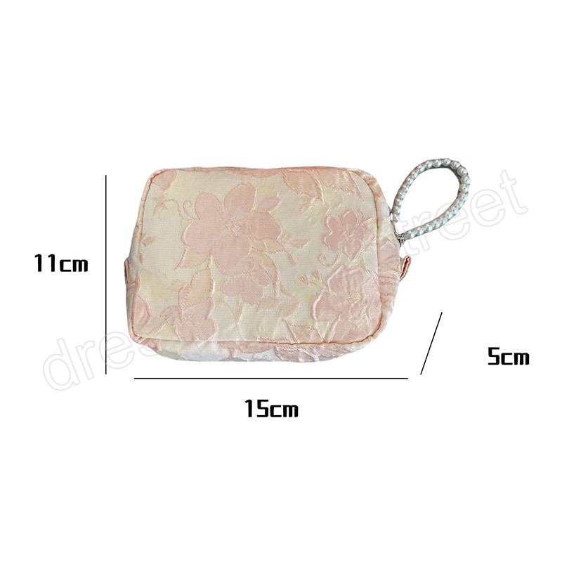 Sac à cosmétiques avec poignée en perles pour femmes, sac à cosmétiques en tissu Jacquard pour dames, pochette de rangement, sacs à monnaie rétro fleur, petite pochette féminine