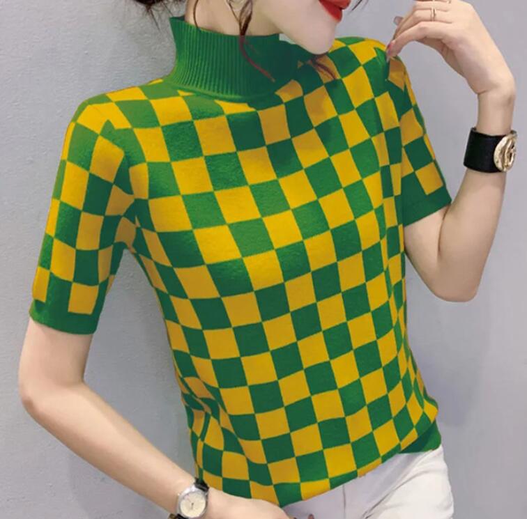 Chandails pour femmes à manches courtes pull de luxe demi-col haut tricoté T-Shirt treillis ample spectacle pull haut femme