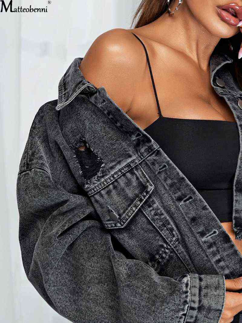 Femmes Vestes Automne Femmes Sexy Déchiré Denim Vestes Vintage Casual Court Jean Veste À Manches Longues Hiver Femme Mode Effiloché Denim Veste T220830