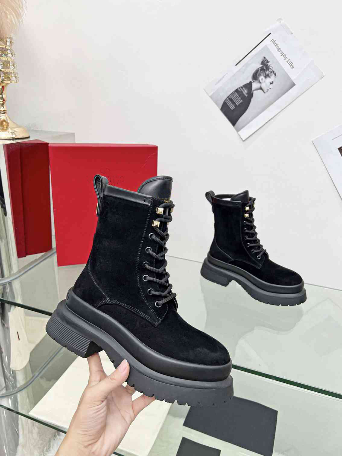 Designer Women's Leather Boots Brand Horse Stud Boots Premium Black Ankle Boot Classic Fall/Winter Fashion Combat Shoes With Box Storlek 35-40