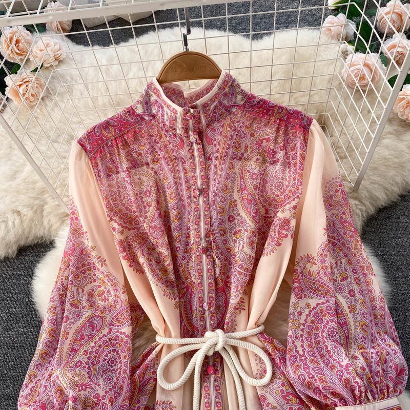 Robes décontractées Piste de mode baroque maxi robe femmes longue lanterne manches boutons vers le bas rose fleur imprimé élégant ceintures robes de fête 220831