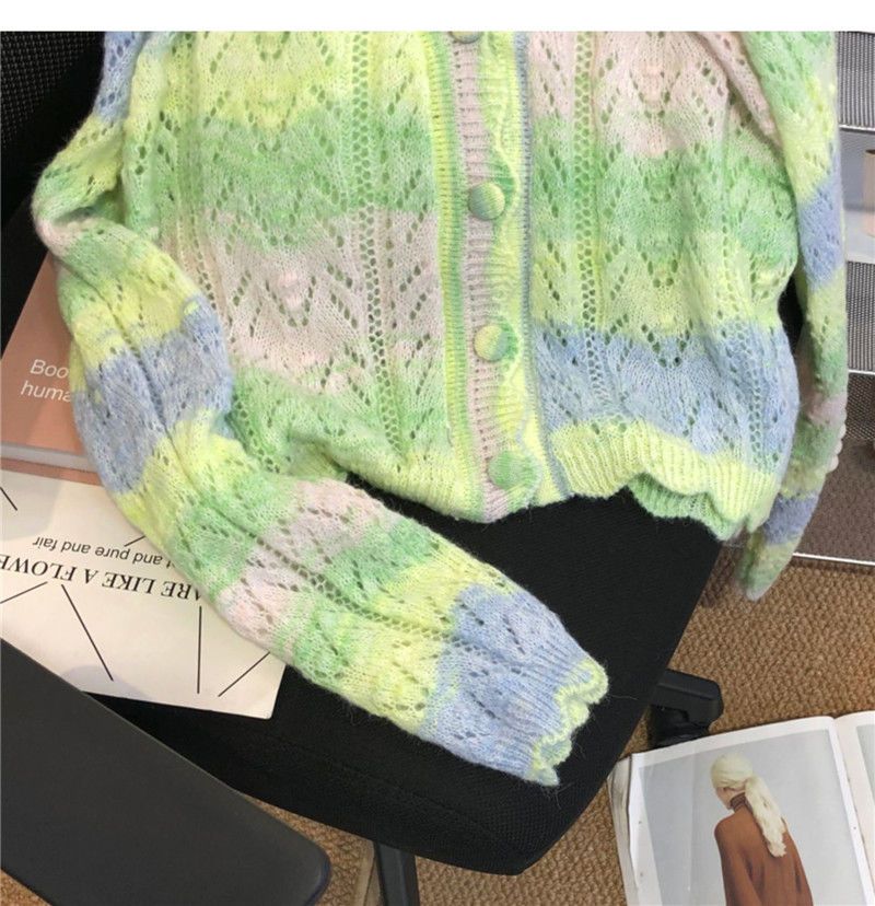 Женский градиентный цветной свитер V-образный вырез Hollow Out вязаный кардиган